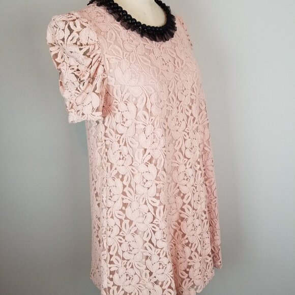Vintage Style Pink Lace A Line Shift Dress w/ Net Covered Black Beaded Neckline - Picture 8 of 8